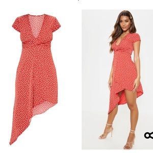 Rust Polka Dot Twist Front Asymmetric Midi Dress